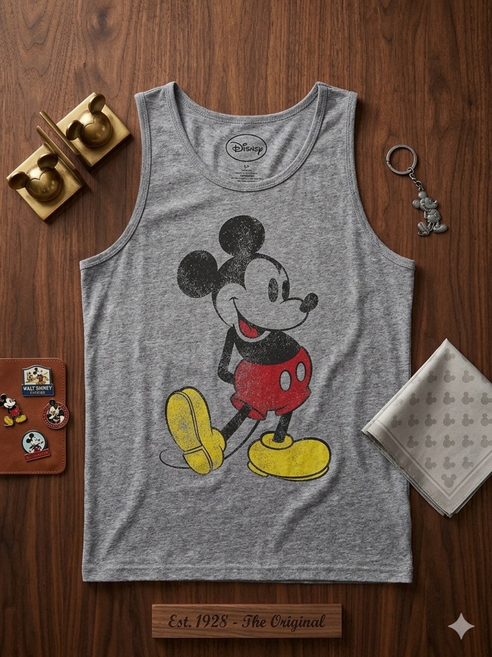 Disney Mickey Mouse Distressed Graphic Tank Top Gray Retro Est 1928 Size XL